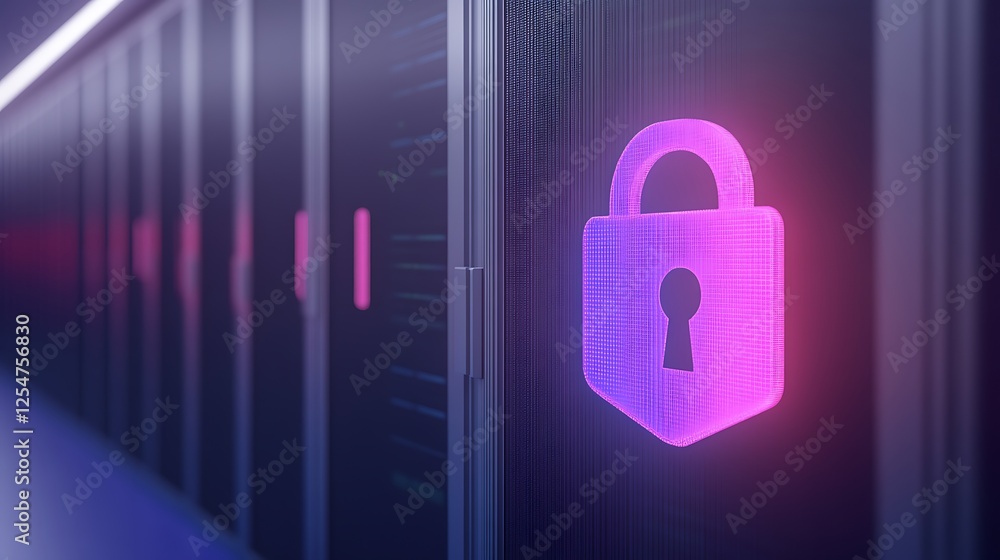 Aufkleber digital security concept with neon lock symbol on server room background highlighting data protectio