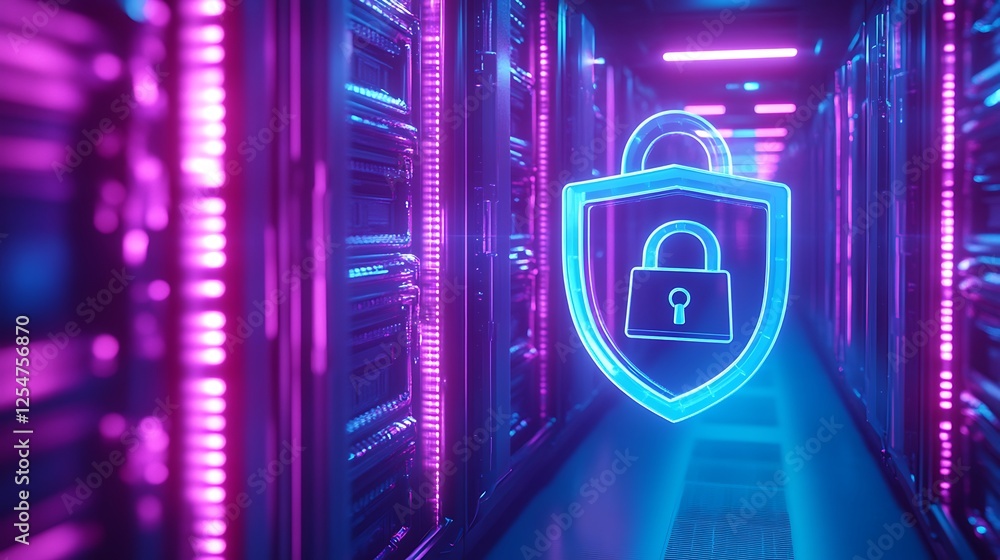 Poster digital security concept with neon shield and lock symbol in modern data center with colorful lighti