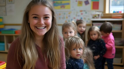 Obraz premium Smiling Teacher with Preschool Children