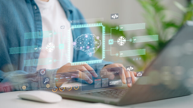 AI Artificial Intelligence technology for data analysis, research, planning, and work generate. Man uses a laptop and AI assistant dashboard. Technology smart robot AI agents and agentic workflows.