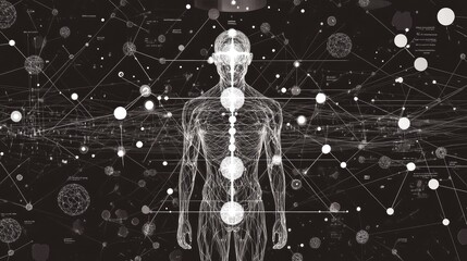 Conceptual design of molecular structure with DNA, atoms, and neurons connected by lines and dots, highlighting the biological and medical networks within the human body