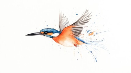 Colorful kingfisher in mid-flight with splashes of paint depicting motion and energy