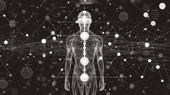 Conceptual design of molecular structure with DNA, atoms, and neurons connected by lines and dots, highlighting the biological and medical networks within the human body