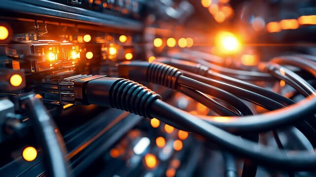 The cables connected to computers in a server rack in a server room with modern equipment, Electrical cables fiber-optic internet connections for a data system	
