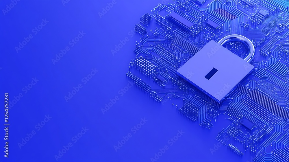 Poster digital security concept with padlock on circuit board background in blue tones