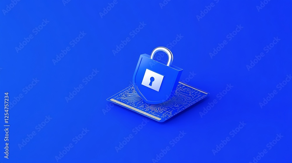 Poster digital security concept with padlock on circuit board background in blue color scheme