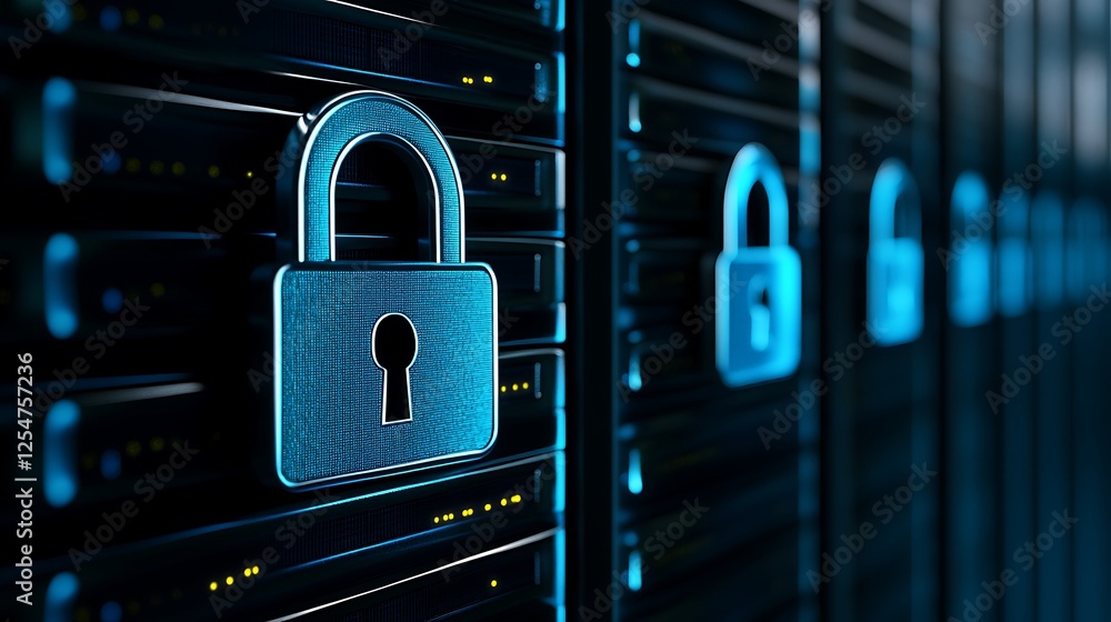 Poster digital security concept with padlock on server rack for data protection and cybersecurity themes