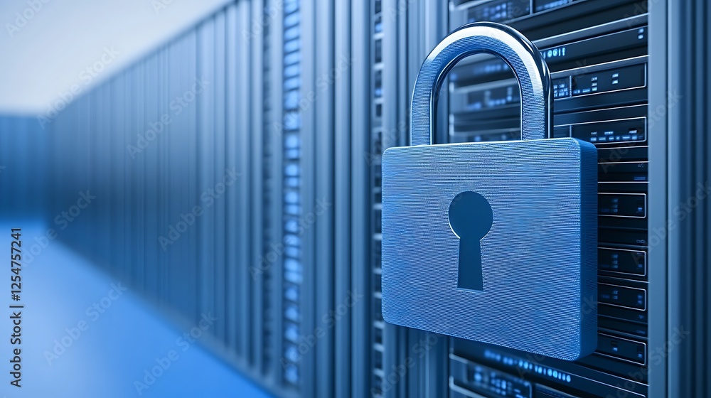 Poster digital security concept with padlock on server rack in modern data center for cyber protection and 