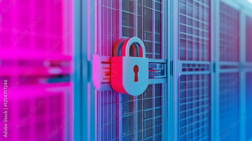 Poster digital security concept with padlock on server rack in neon lights representing data protection and