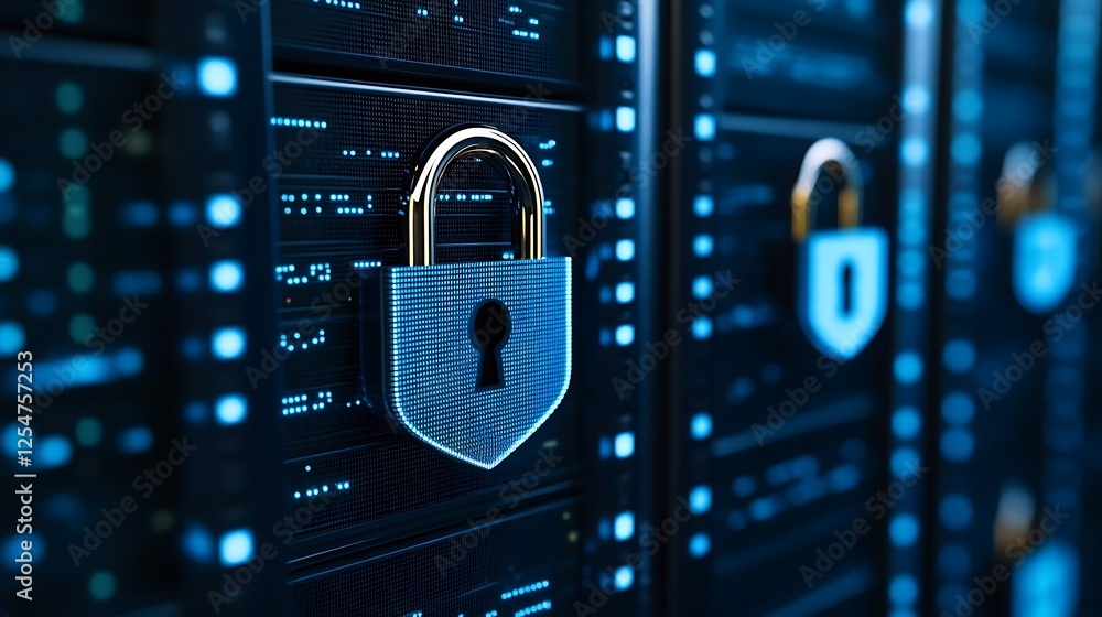 Poster digital security concept with padlock on server rack representing data protection and online privacy