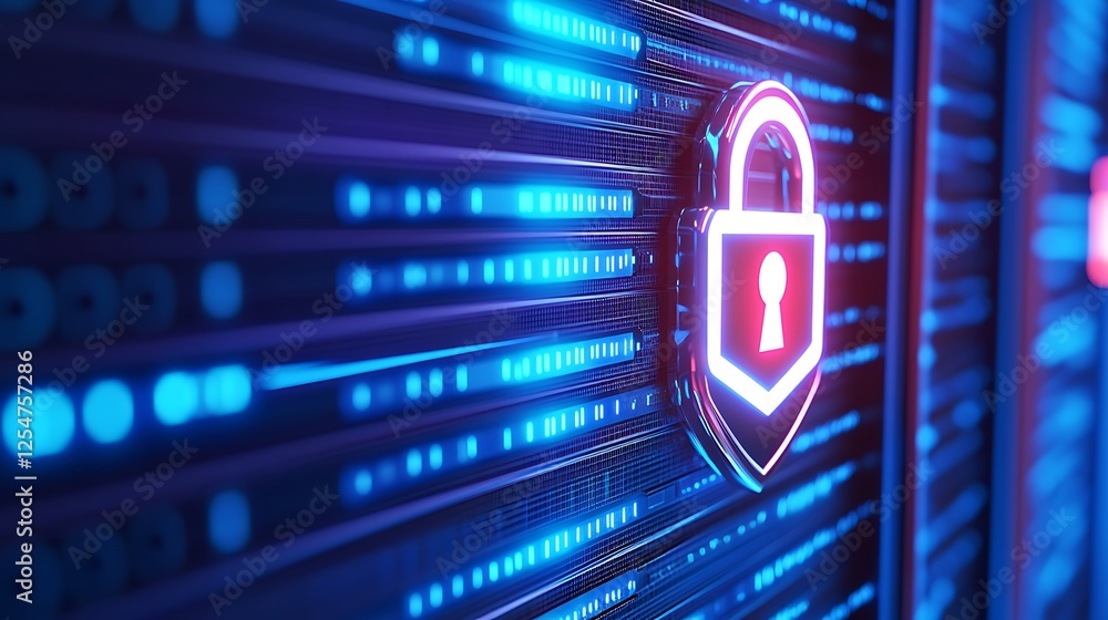 Poster digital security concept with padlock symbol illuminated by neon lights on server network background