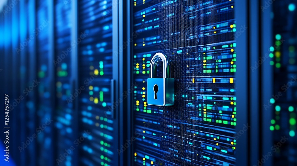 Poster digital security concept with padlock on server racks representing data protection and cyber securit