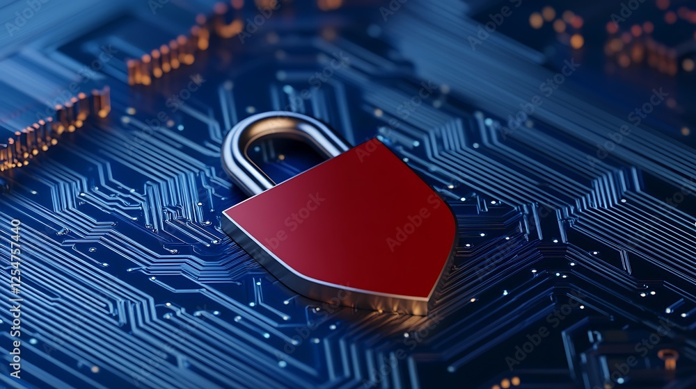 Poster digital security concept with red lock on circuit board background for cybersecurity themes and tech