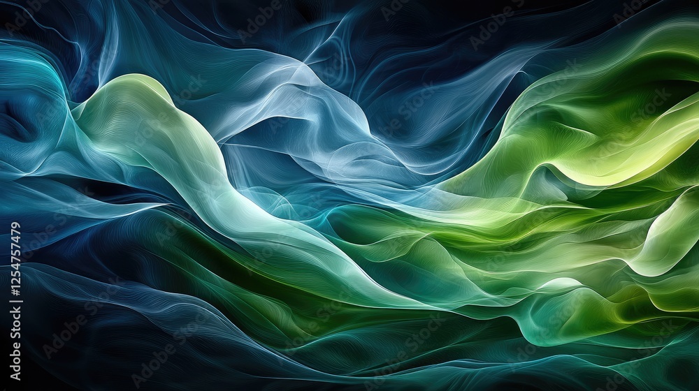 Poster dynamic abstract wave in green and blue on a dark backdrop, representing digital progress and innova