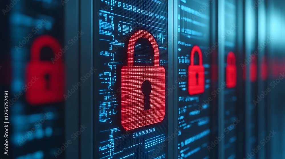 Poster digital security concept with red padlocks and data streams representing cybersecurity protection me