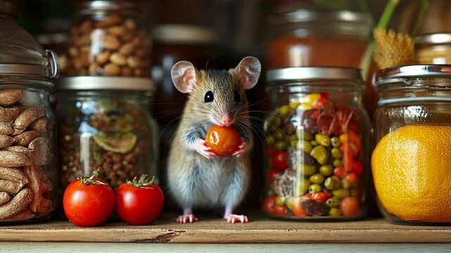 Funny cute little mouse hold cherry tomato on rustic shelf filled with food jars. Small animal at home, rat problem. Mice Infestation in house, extermination. Get rid of rodents issue.