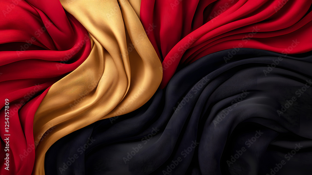 Aufkleber close up of red and black fabric with a dramatic interplay of colors and textures in a textile patte