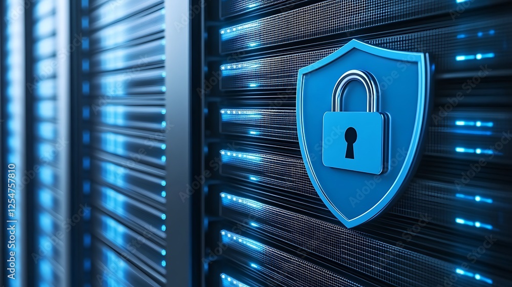 Poster digital security concept with shield and padlock on data server background representing cybersecurit