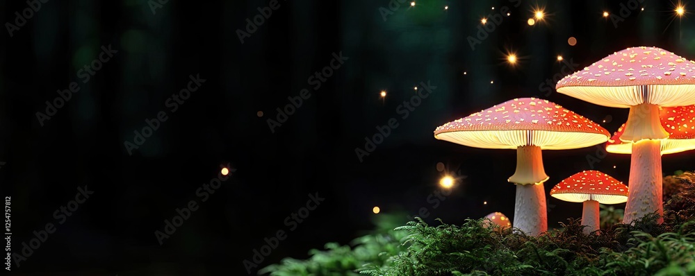 Poster glow forest concept. enchanting glowing mushrooms in a mystical forest setting with a magical atmosp
