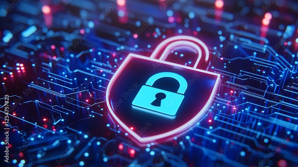 Poster digital security concept with shield and lock symbol on high-tech circuit background in blue and red