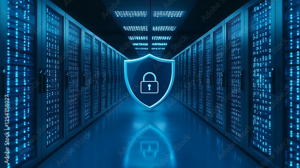 Poster digital security concept with shield icon and server room in background representing data protection