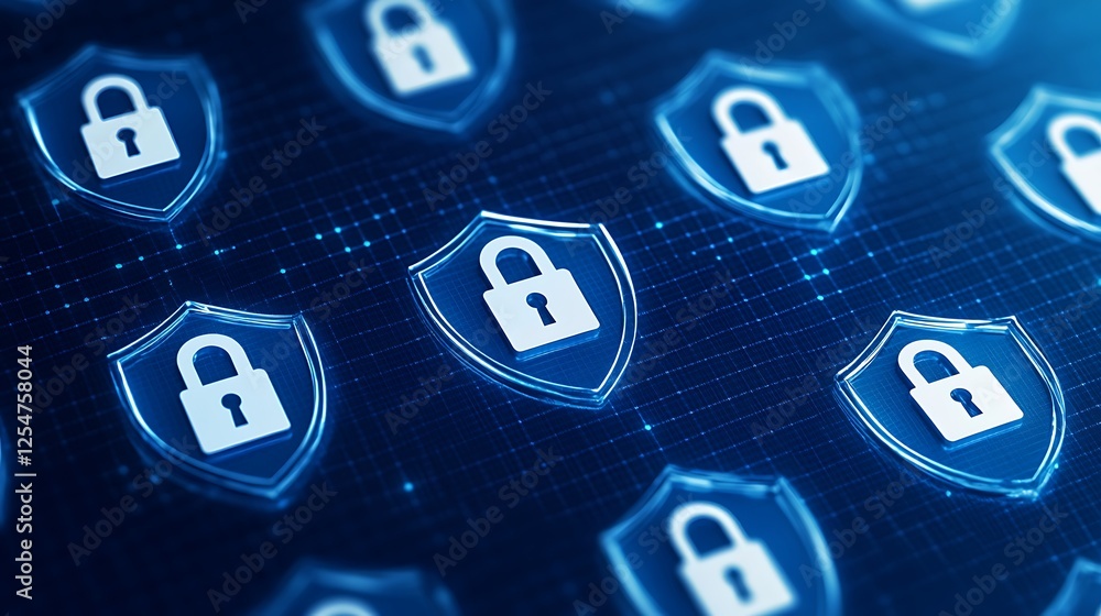Aufkleber digital security concept with shield icons and padlocks on a futuristic technology background illust