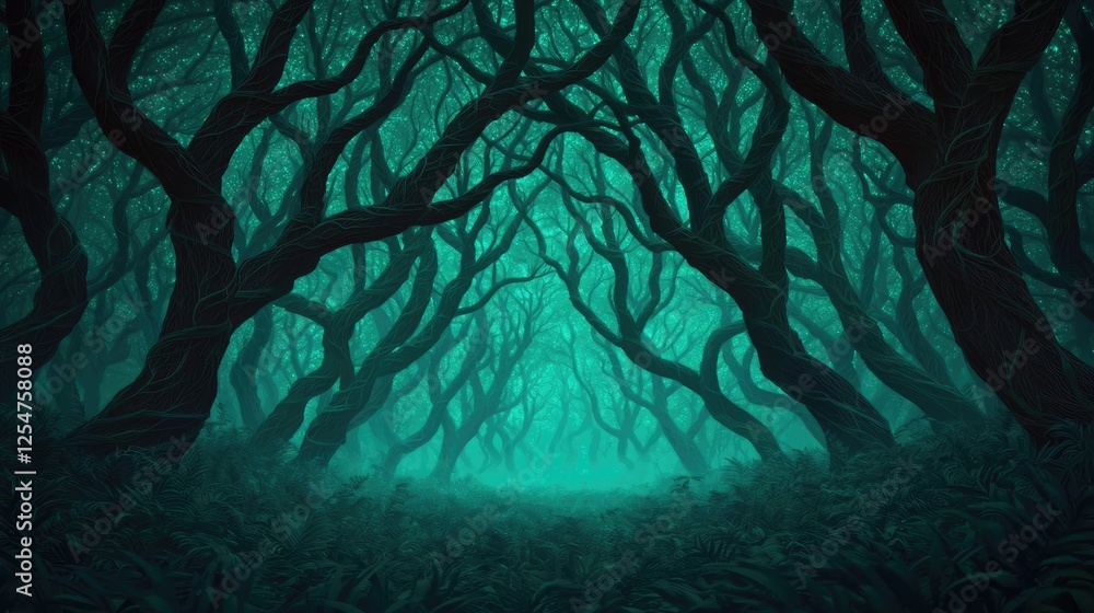 Poster glow forest idea. mysterious forest with twisting trees and ethereal teal mist enveloping the atmosp