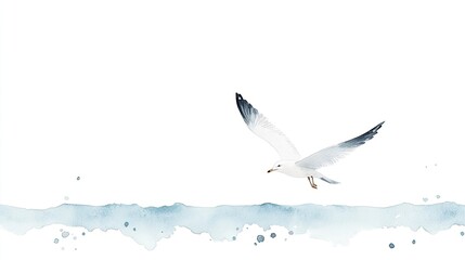 Obraz premium Seagull soaring over a tranquil sea with soft watercolor waves in a serene, minimalist setting