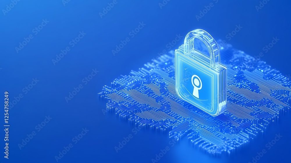 Poster digital security concept with transparent lock symbol on circuit board pattern for cyber protection 