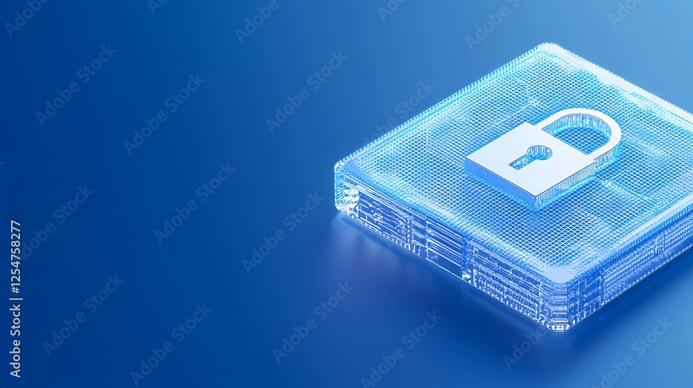 Poster digital security concept with transparent padlock on blue background representing technology and pro