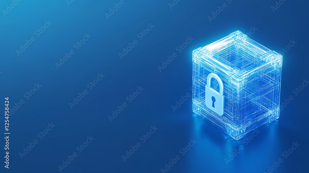 Poster digital security lock concept in futuristic neon cube design with blue background for data protectio