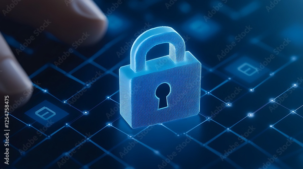 Poster digital security lock concept with glowing padlock on a futuristic data network background