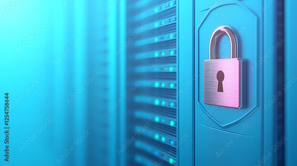 Poster digital security lock on server cabinet with bright blue background in data center environment