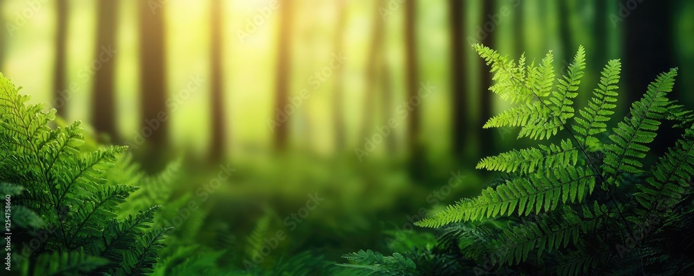 Canvas Prints Glow forest idea. Lush green ferns in a tranquil forest with dappled sunlight filtering through trees.