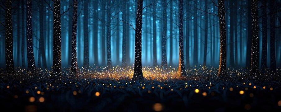 Glow forest idea. A serene forest landscape illuminated by glowing fireflies at twilight.
