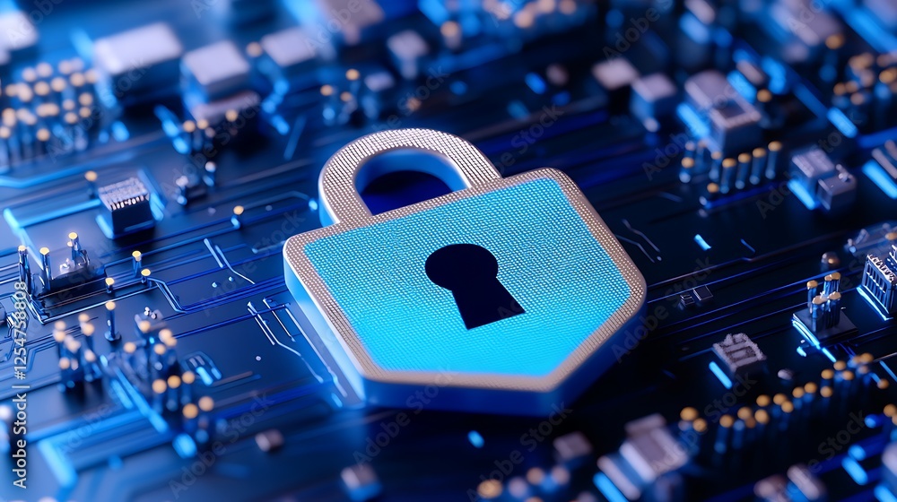 Poster digital security lock over microchip background symbolizing cyber protection and data security techn