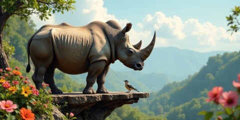 Fototapeta premium A majestic rhinoceros stands on a rocky outcrop overlooking a verdant valley, a small bird perched nearby, a peaceful scene of wildlife and nature