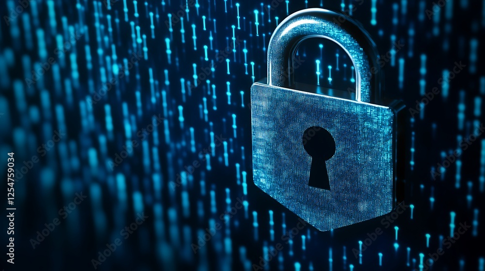 Poster digital security lock surrounded by cyber data representing protection and privacy in online technol