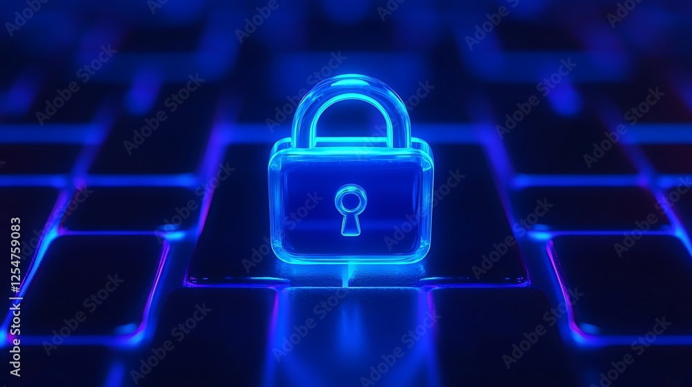 Poster digital security lock symbol illuminated on keyboard with blue neon lighting effect