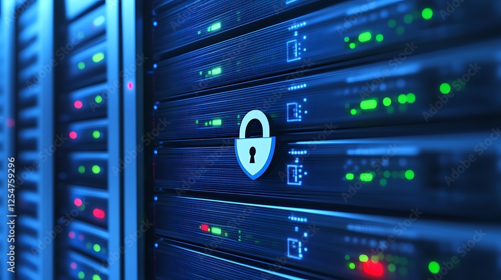 Poster digital server room with security lock symbol on metallic rack representing cybersecurity and data p
