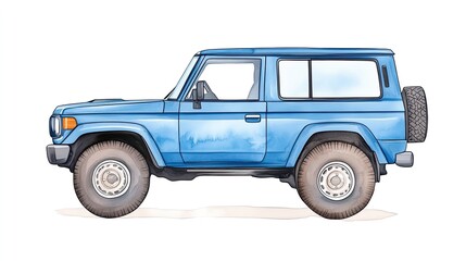 Blue vintage SUV illustration showcasing side profile against a plain background