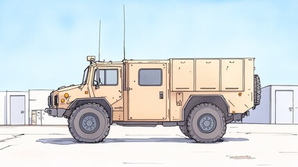 Military vehicle parked in a desert environment with clear sky and distant structures