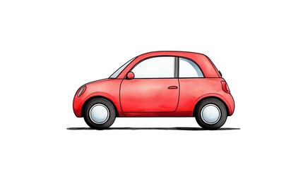 A vibrant red compact car parked on a white background, showcasing its sleek design and simplicity