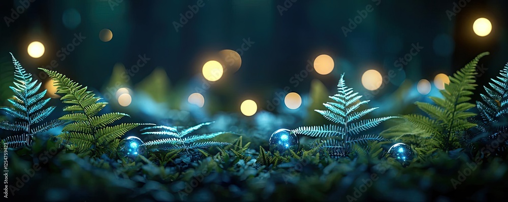 Poster glow forest idea. a serene forest floor adorned with ferns and soft glowing lights at twilight.