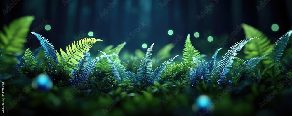 Poster glow forest idea. lush green ferns illuminated by soft blue light, creating an enchanting forest atm