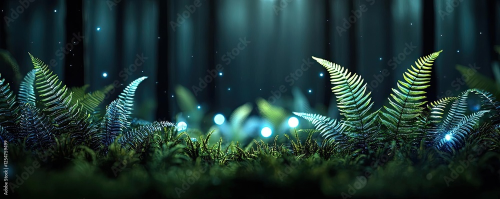 Poster glow forest idea. lush green ferns illuminated by soft light in a tranquil forest setting.