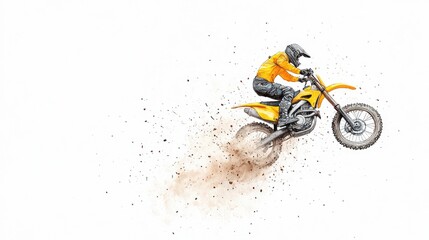 A motocross rider in vibrant orange gear performs a jump, kicking up dust in a dynamic scene