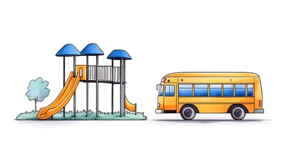 Colorful playground with slides and a yellow school bus nearby, set in a cheerful environment
