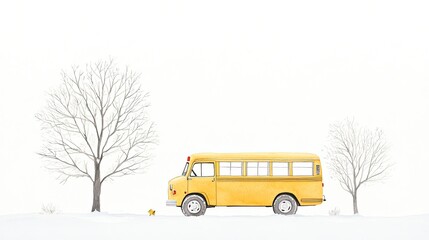 A whimsical yellow school bus parked in a snowy landscape with barren trees in the background