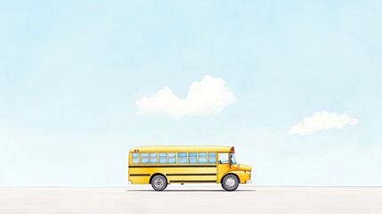 Yellow school bus driving on a clear road under a blue sky with fluffy clouds in the background